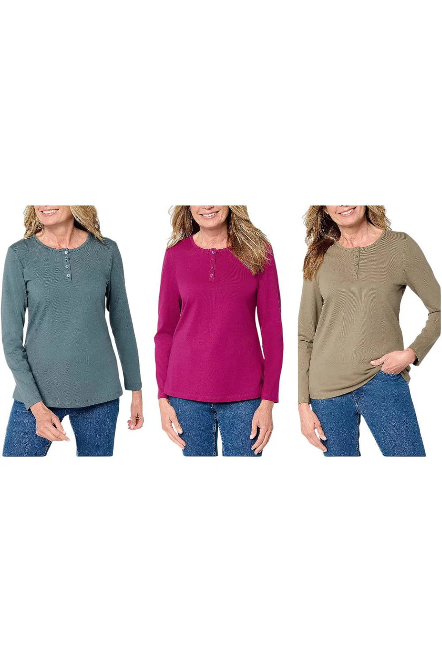 Denim & Co. Women's 3-Pack Jersey Long Slv Henley DkSlt/Bry/TpStn - Regular